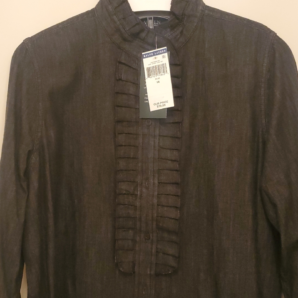 Ralph Lauren Chic Black Wash Jean Ruffled Blouse